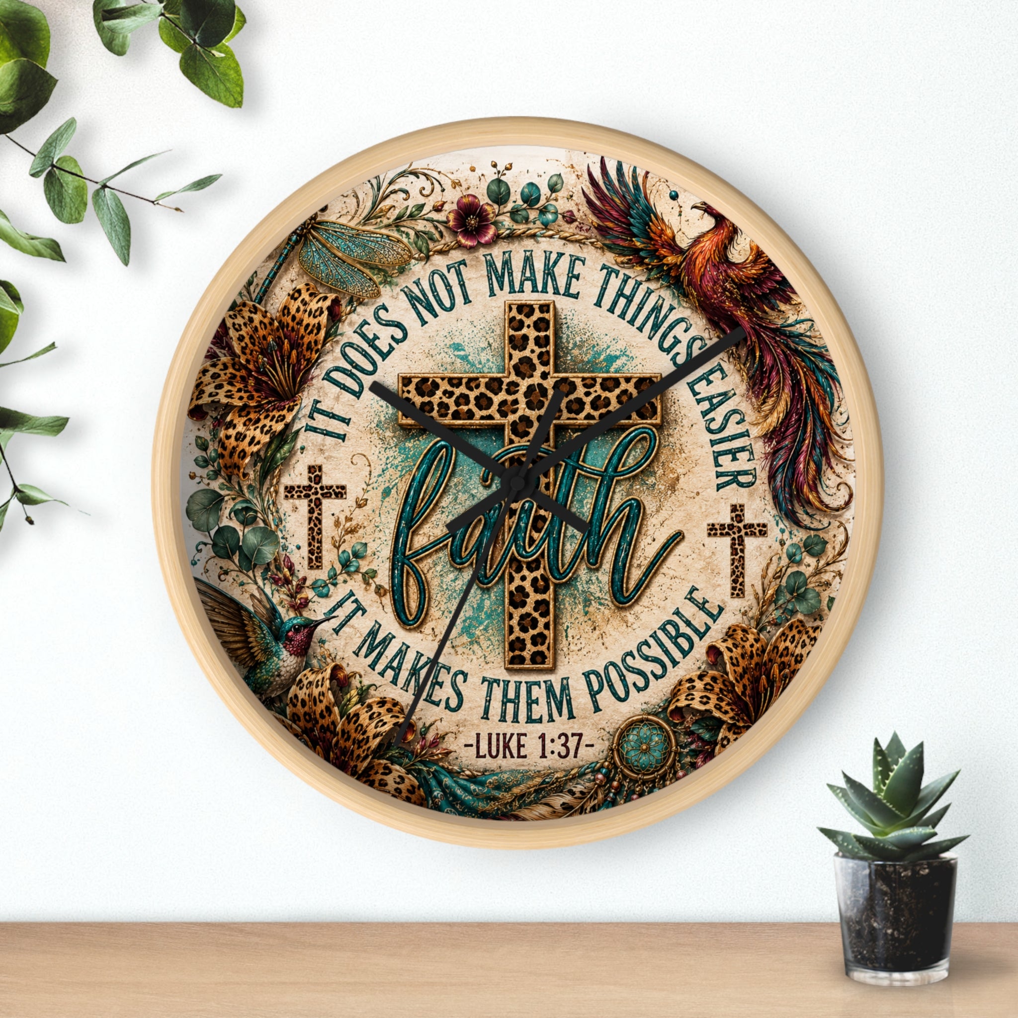 Faith Wall Clock — Leopard Cross Christian Home Decor (Luke 1:37)
