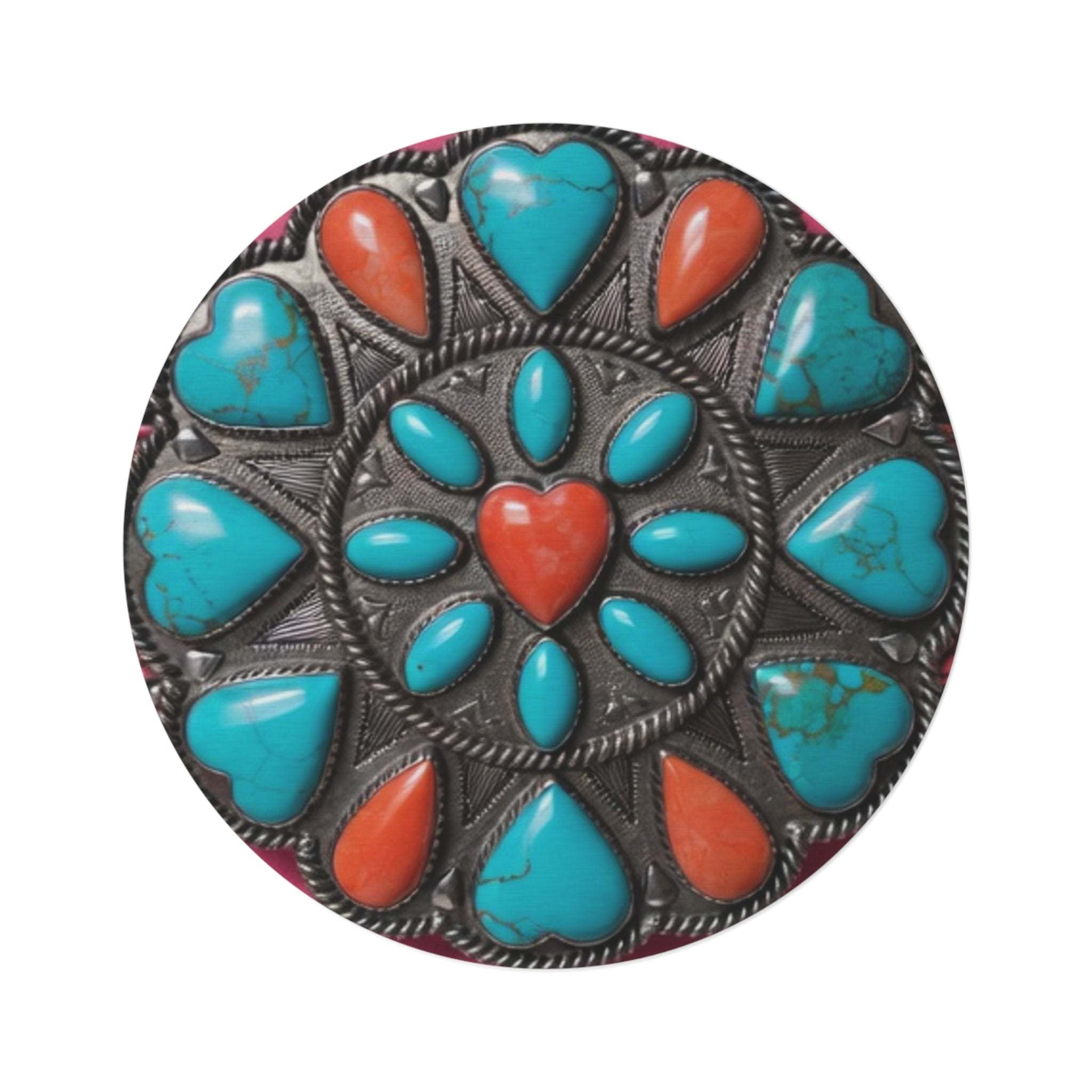 Turquoise & Coral Southwestern Round Rug